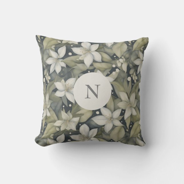 Elegante weiße Blüten w Sage Blätter auf Grau Kissen (Vorderseite)