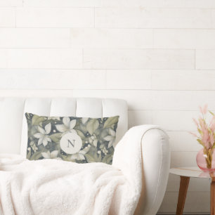 Elegante weiße Blüten w Sage Blätter auf Grau Lendenkissen