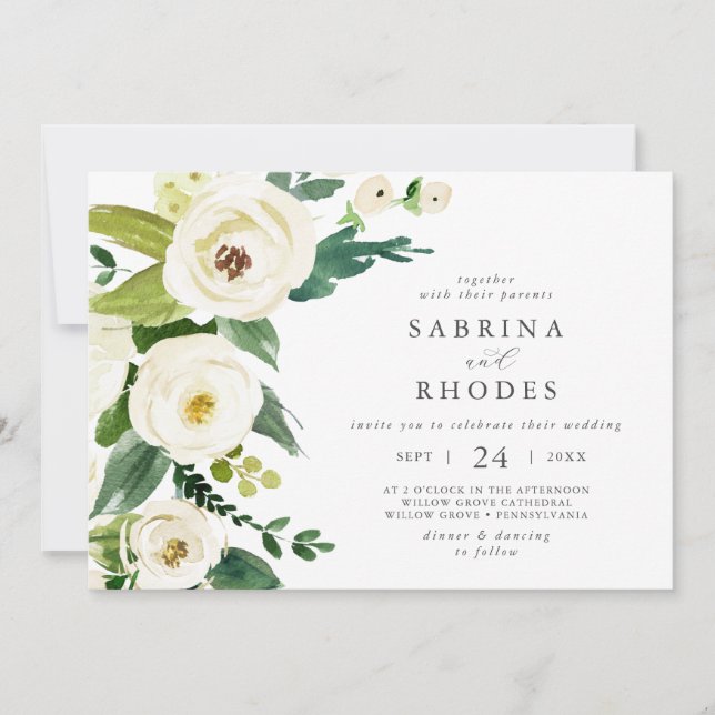 Elegante, weiße Blütenhochzeit Einladung (Vorderseite)