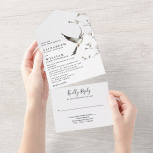 Elegante weiße Chinoiserie-Blumengarten-Hochzeit All In One Einladung