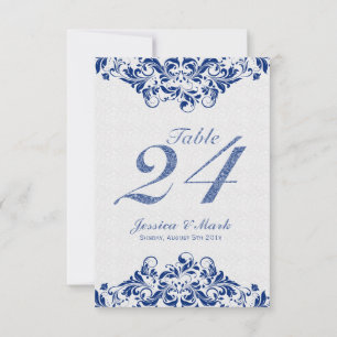 Elegante weiße Damaststoffe & marineblaue Blumen-S Einladung