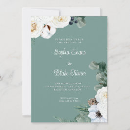 Elegante weiße Flora mit grüner Hochzeit Einladung