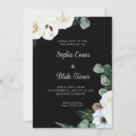 Elegante weiße Flora mit grüner Schwarzer Hochzeit Einladung