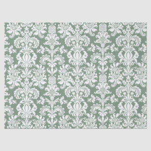 Elegante weiße Floral Damaskus über Sage Green Seidenpapier