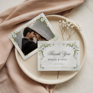 Elegante weiße Floral-Hochzeits-Foto-Dankeskarten Dankeskarte