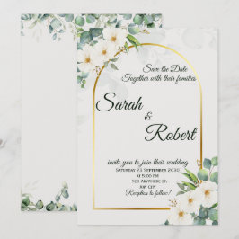 Elegante weiße florale goldene Bogen-Hochzeitseinl Einladung
