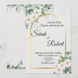 Elegante weiße florale goldene Bogen-Hochzeitseinl Einladung