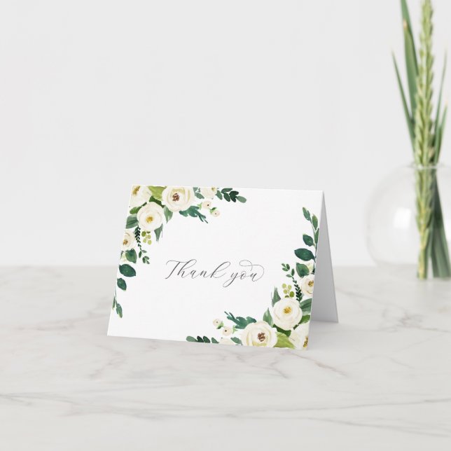 Elegante weiße, florale Hochzeit Danke Karte (Vorderseite)