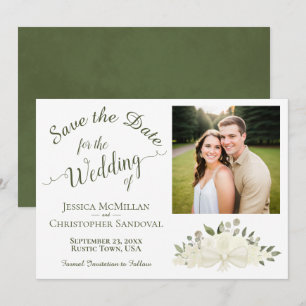 Elegante weiße florale Kalligrafie & Foto-Hochzeit Save The Date