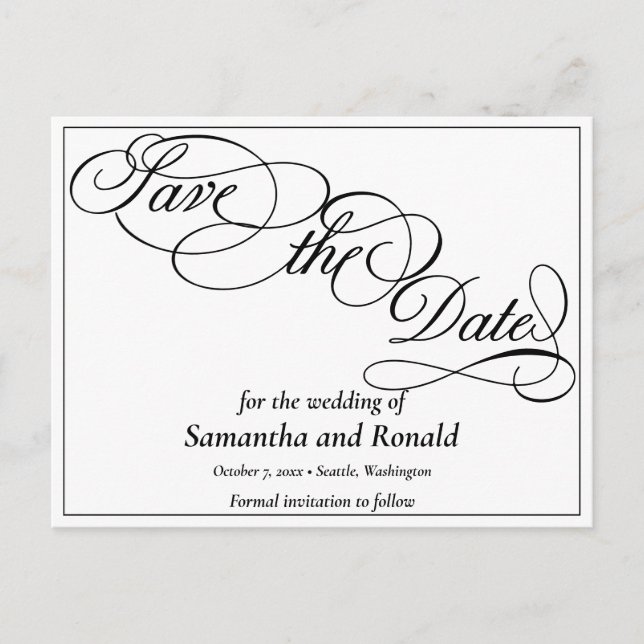 Elegante weiße formale Save the Date-Karte Ankündigungspostkarte (Vorderseite)