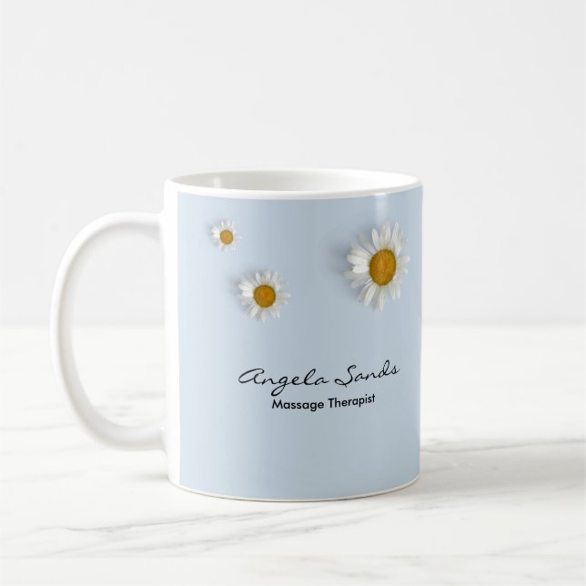 Elegante weiße Gänseblümchen blau Kaffeetasse (Links)