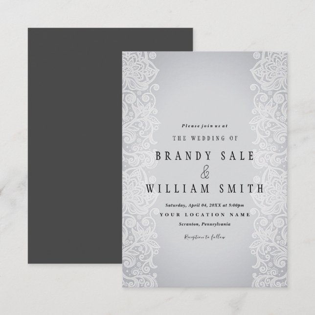 Elegante weiße Gold Lace Gray Black Wedding Card Einladung (Vorne/Hinten)