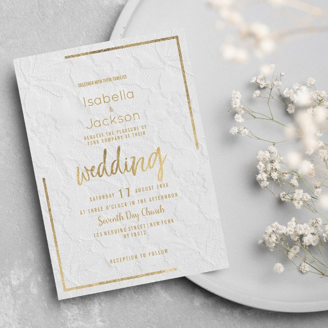 Elegante weiße goldene französische Blumenhochzeit Einladung (Elegant white gold french floral lace Wedding Invitation)