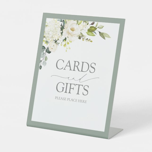 Elegante weiße graue grüne Blumenkarten & Geschenk Sockelschild (Vorderseite)