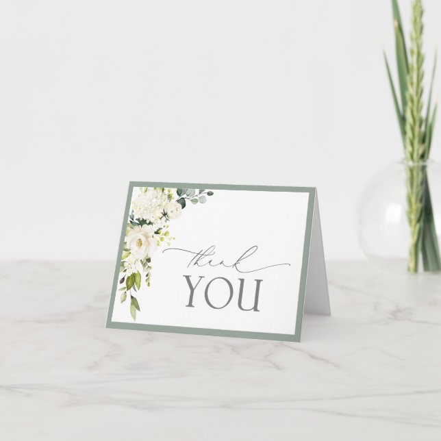 Elegante weiße graugrüne Blüte Dankeschön Karte (Vorderseite)