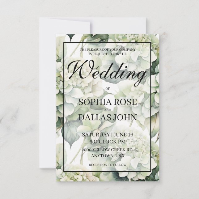 Elegante, weiße, grüne Hochzeit mit Blumen Einladung (Vorderseite)
