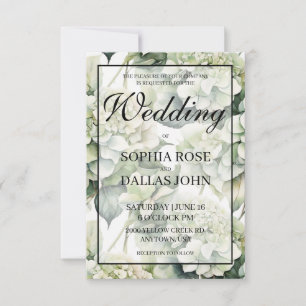 Elegante, weiße, grüne Hochzeit mit Blumen Einladung