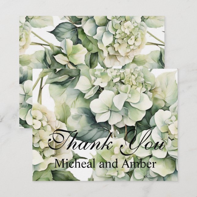 Elegante weiße, grüne Hydrangeas mit Blumen Dankeskarte (Vorne/Hinten)