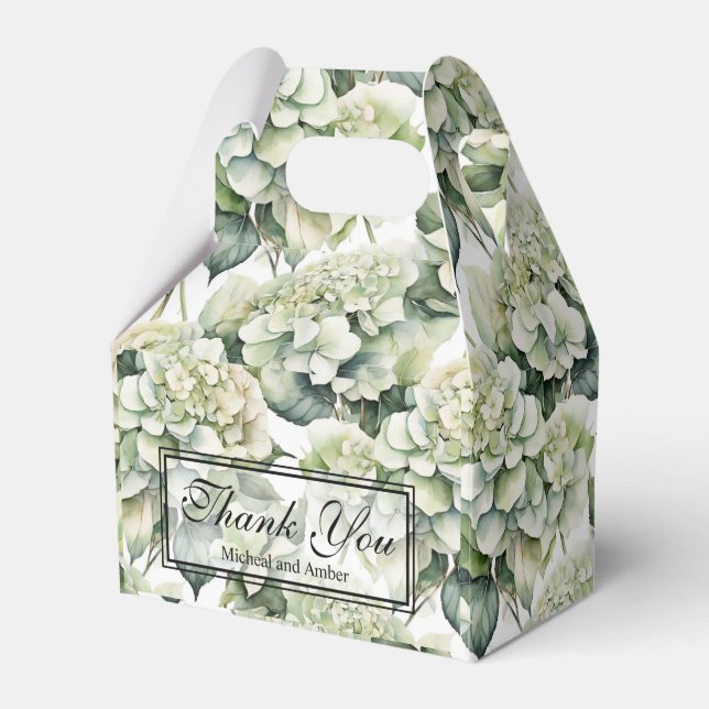Elegante weiße, grüne Hydrangeas mit Blumen Geschenkschachtel (Vorderseite)