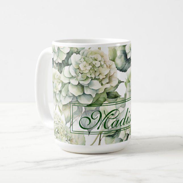 Elegante weiße, grüne Hydrangeas mit Blumen Kaffeetasse (Vorderseite Links)