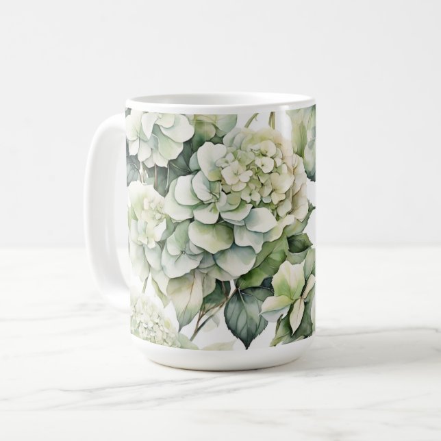Elegante weiße, grüne Hydrangeas mit Blumen Kaffeetasse (Vorderseite Links)