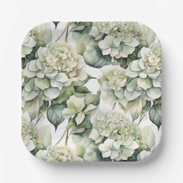 Elegante weiße, grüne Hydrangeas mit Blumen Pappteller (Vorderseite)