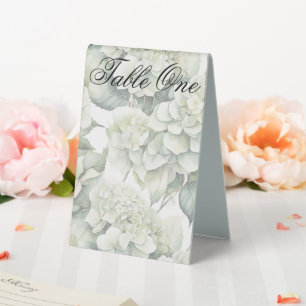 Elegante weiße, grüne Hydrangeas mit Blumen Tischaufsteller