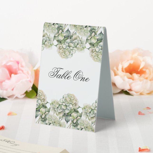Elegante weiße, grüne Hydrangeas mit Blumen Tischaufsteller (In Situ (Hochzeit))