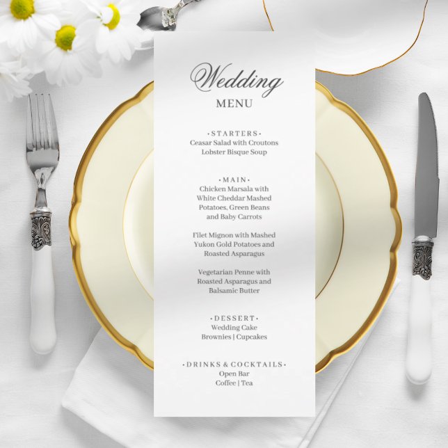 Elegante, weiße Hochzeit in Weiß Menükarte (Von Creator hochgeladen)