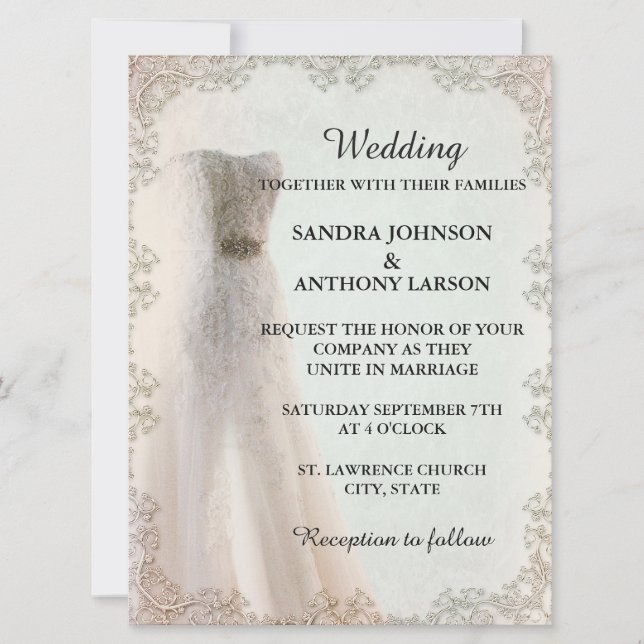 Elegante weiße Hochzeitseinladung, Hochzeitskleid Einladung (Vorderseite)