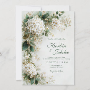 Elegante Weiße Hortensie Gold Botanische Hochzeit Einladung