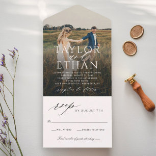 Elegante weiße Kalligrafie-Foto-Hochzeit All In One Einladung