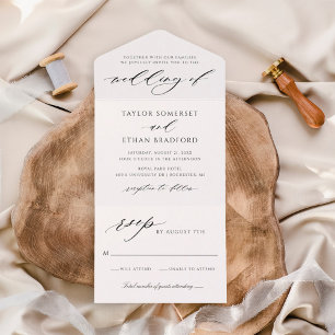Elegante weiße Kalligrafie-Schrift Hochzeit All In One Einladung