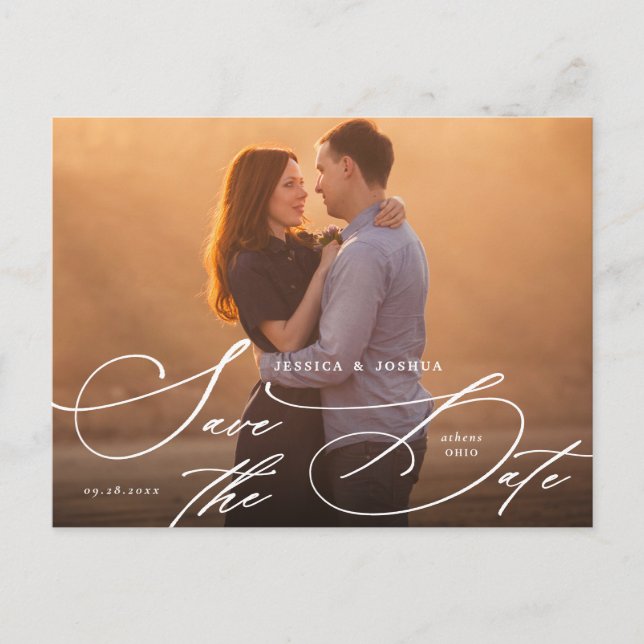 Elegante weiße Kalligraphie Save the Date Postkarte (Vorderseite)