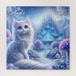 Elegante weiße Katze in einem zauberhaften Schneeg