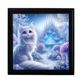 Elegante weiße Katze in einem zauberhaften Schneeg Erinnerungskiste