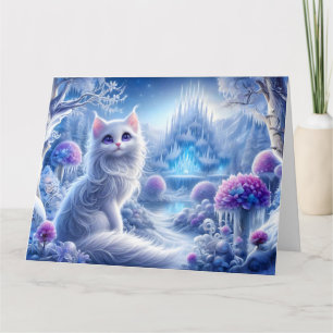 Elegante weiße Katze in einem zauberhaften Schneeg Karte
