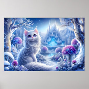 Elegante weiße Katze in einem zauberhaften Schneeg Poster