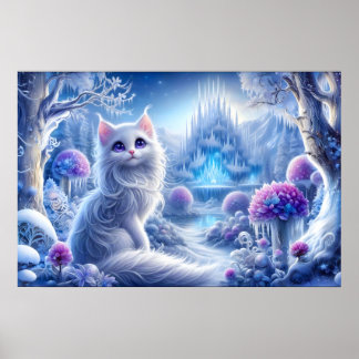 Elegante weiße Katze in einem zauberhaften Schneeg Poster