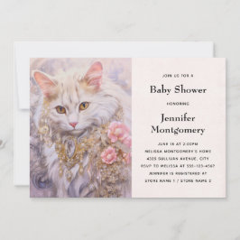 Elegante weiße Katze in Gold und Diamant Baby Dusc Einladung
