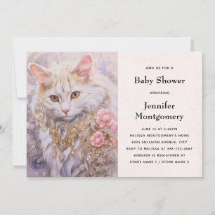 Elegante weiße Katze in Gold und Diamant Baby Dusc Einladung