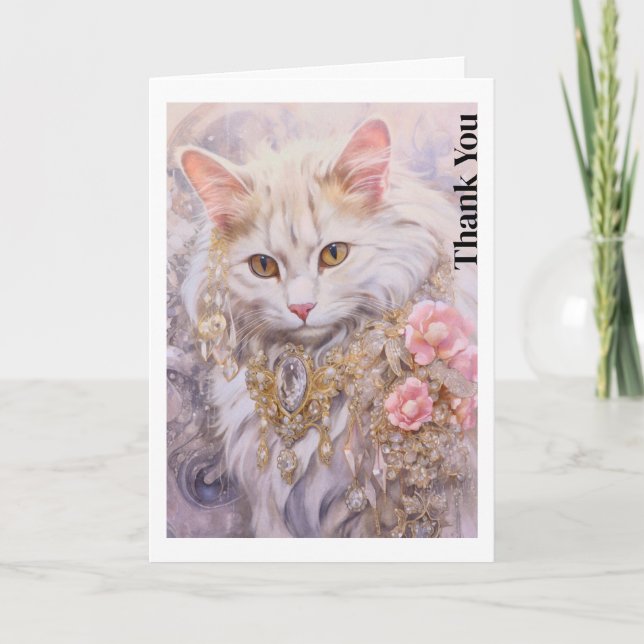 Elegante weiße Katze in Gold und Diamanten Dankeskarte (Vorderseite)