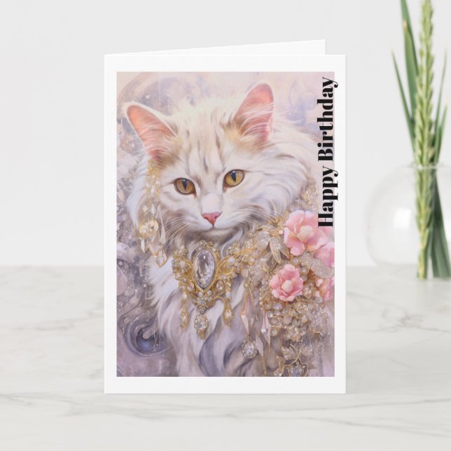 Elegante weiße Katze in Gold und Diamanten Geburts Karte (Vorderseite)