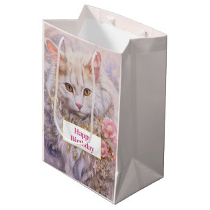 Elegante weiße Katze in Gold und Diamanten Geburts Mittlere Geschenktüte
