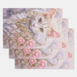 Elegante weiße Katze in Gold und Diamanten Geschenkpapier Set