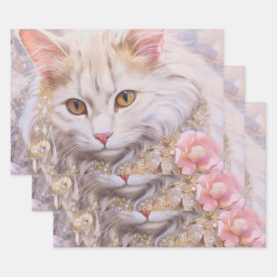Elegante weiße Katze in Gold und Diamanten Geschenkpapier Set