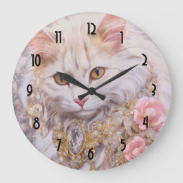 Elegante weiße Katze in Gold und Diamanten Große Wanduhr