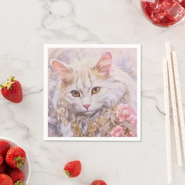 Elegante weiße Katze in Gold und Diamanten Serviette (Beispiel)