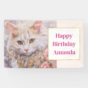Elegante weiße Katze in Luxury Juwelen Happy Birth Banner
