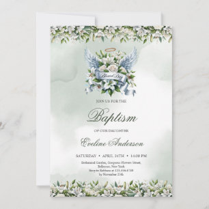 Elegante weiße Lilien und Rose Seliger Tag Taufe Einladung
